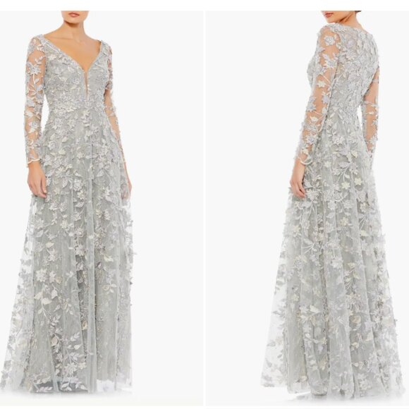 MAC DUGGAL 70224 FLORAL APPLIQUE LONG LSEEVE ILLUSIONS PLATINUM GOWN sz 12 - Picture 1 of 4